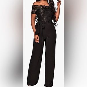 Off Shoulder Short Sleeve Floral Lace Zipper Back Wide Leg Pants One Piece Sz L